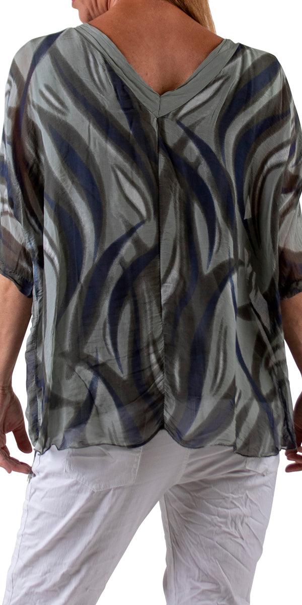 Diana Wave Print Blouse - Gigi Moda - Made in Italy # 100% silk, blouse, frayed edge, gigi moda, italian silk blouse, made in italy, silk, silk blouse, silk top, wave print