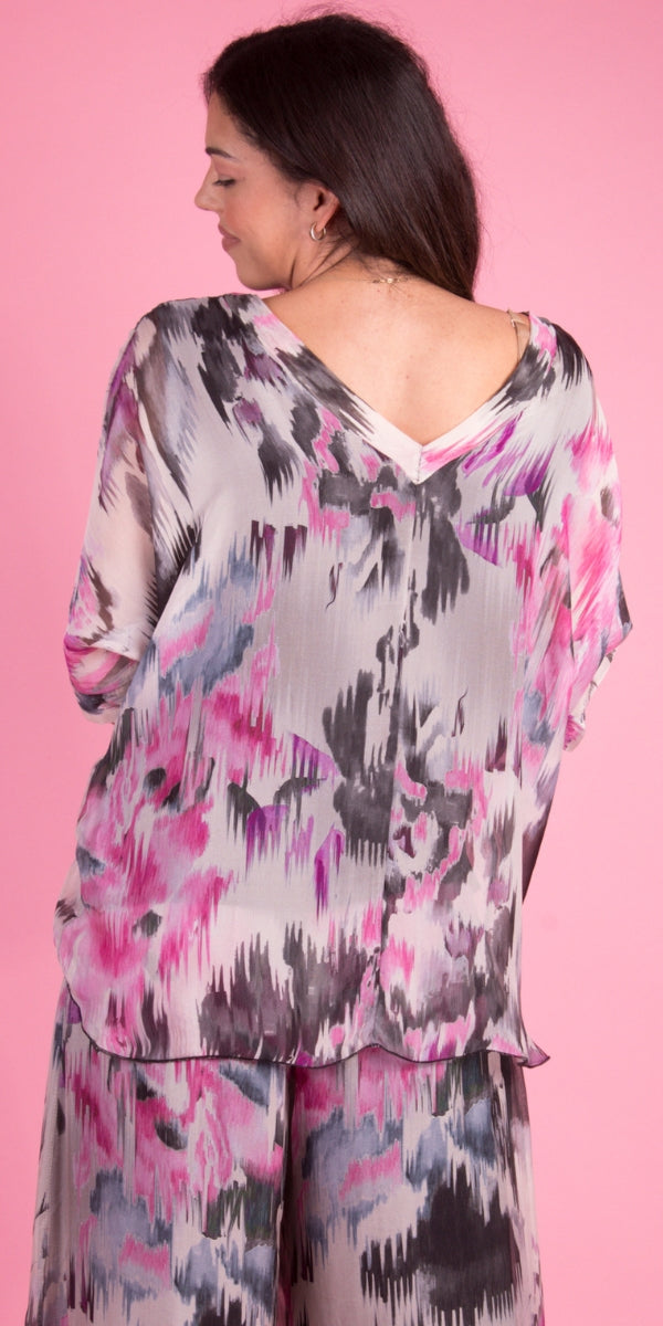 Diana Artista Blouse - Gigi Moda - Made in Italy # Abstract, abstract print, blouse, frayed edge, gigi moda, italian silk blouse, made in italy, silk, silk blouse, silk top, watercolor, Watercolor Print