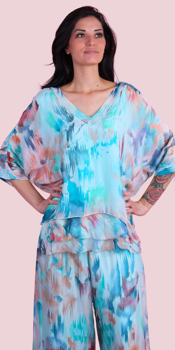 Diana Artista Blouse - Gigi Moda - Made in Italy # Abstract, abstract print, blouse, frayed edge, gigi moda, italian silk blouse, made in italy, silk, silk blouse, silk top, watercolor, Watercolor Print