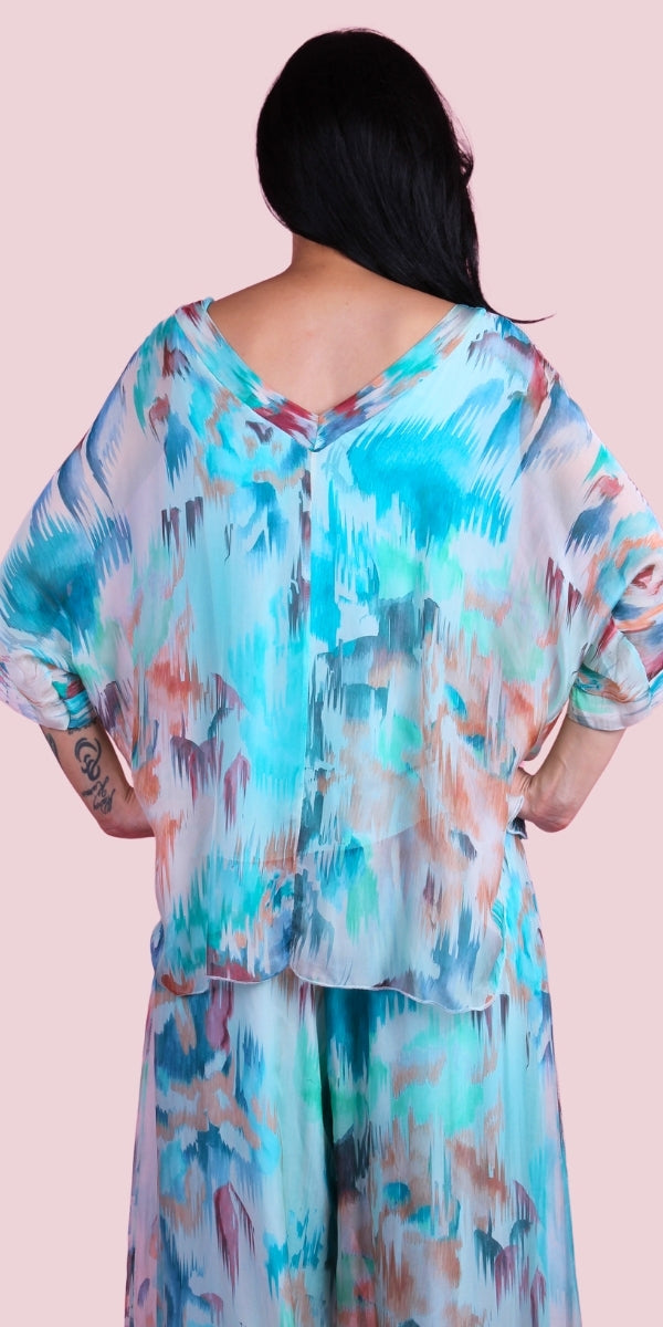Diana Artista Blouse - Gigi Moda - Made in Italy # Abstract, abstract print, blouse, frayed edge, gigi moda, italian silk blouse, made in italy, silk, silk blouse, silk top, watercolor, Watercolor Print