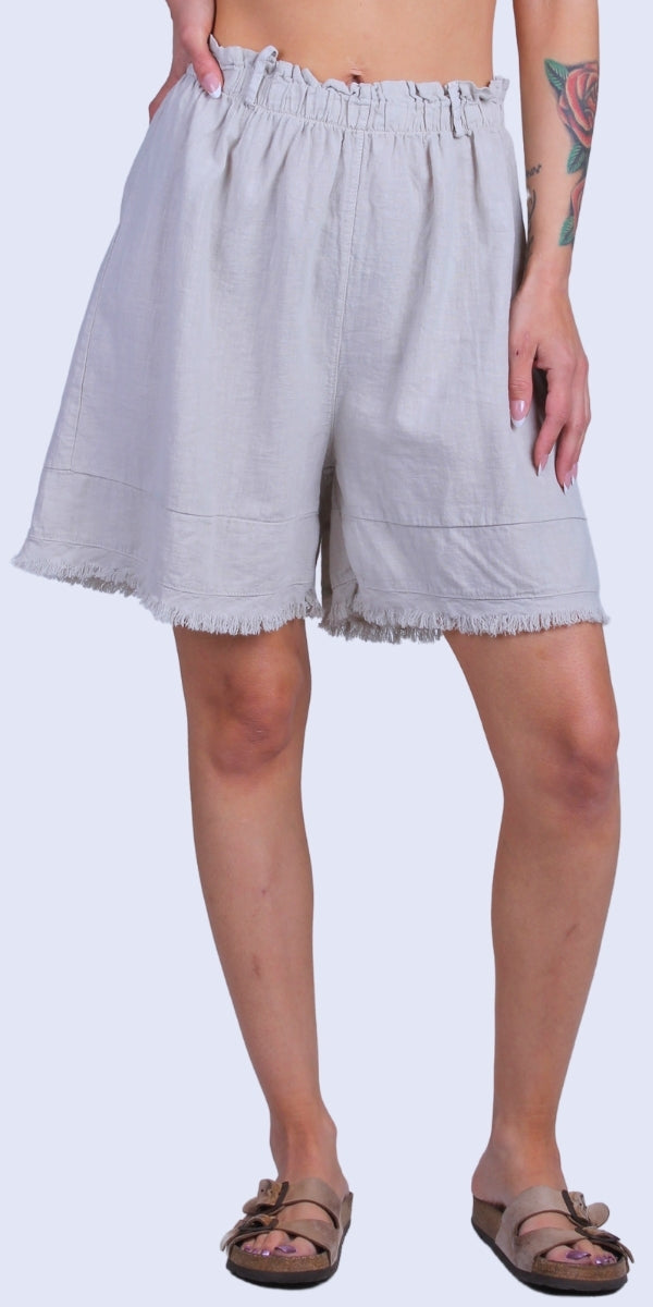 Armonia Linen Shorts - Gigi Moda - Made in Italy # belt loops, elastic waist, elastic waistband, Frayed Edge, Gigi Moda, Linen, Made in Italy, one size, OS, raw edge, shorts, spring, stretchy waistband