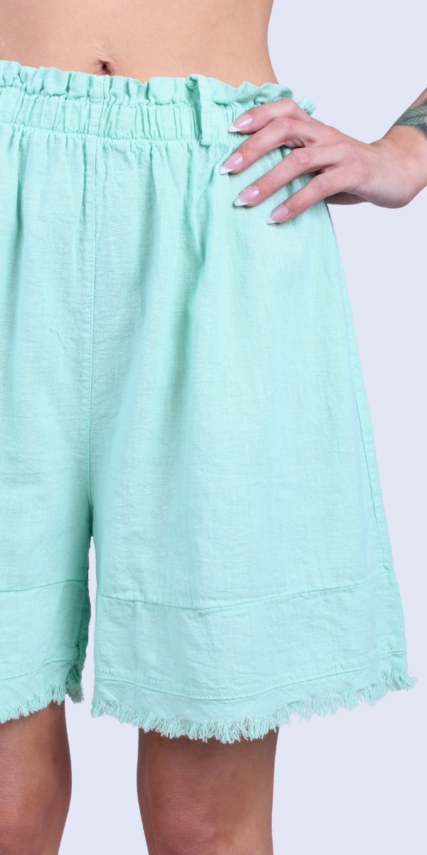 Armonia Linen Shorts - Gigi Moda - Made in Italy # belt loops, elastic waist, elastic waistband, Frayed Edge, Gigi Moda, Linen, Made in Italy, one size, OS, raw edge, shorts, spring, stretchy waistband