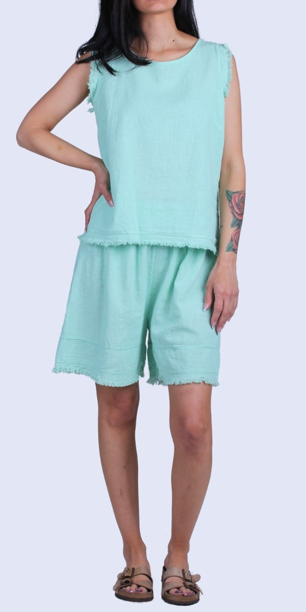 Armonia Linen Shorts - Gigi Moda - Made in Italy # belt loops, elastic waist, elastic waistband, Frayed Edge, Gigi Moda, Linen, Made in Italy, one size, OS, raw edge, shorts, spring, stretchy waistband