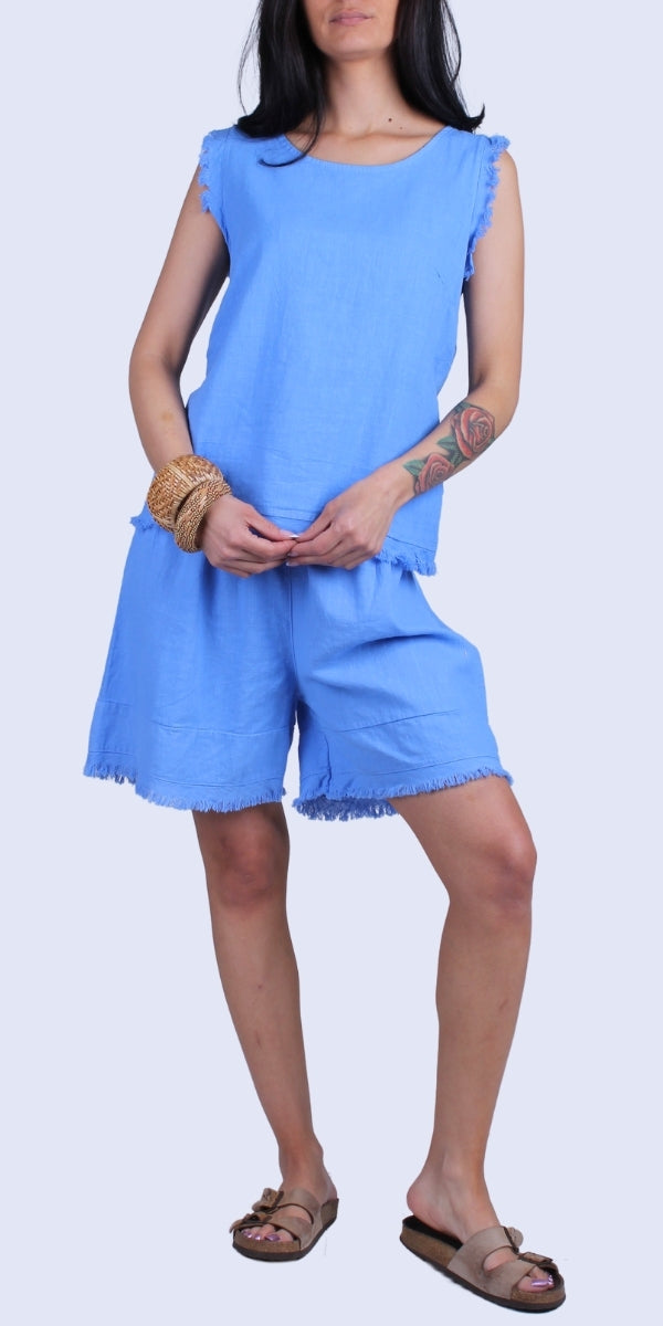 Armonia Linen Shorts - Gigi Moda - Made in Italy # belt loops, elastic waist, elastic waistband, Frayed Edge, Gigi Moda, Linen, Made in Italy, one size, OS, raw edge, shorts, spring, stretchy waistband