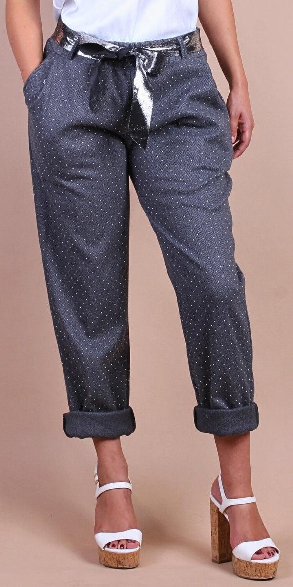 Gemma Jogger Pants - Gigi Moda - Made in Italy # chevron print, cuffed pant, front pockets, Gigi Moda, italian pants, jogger pants, Made in Italy, maxretail, Pockets, rhinestone, shop gigi moda, tie belt, waist tie belt