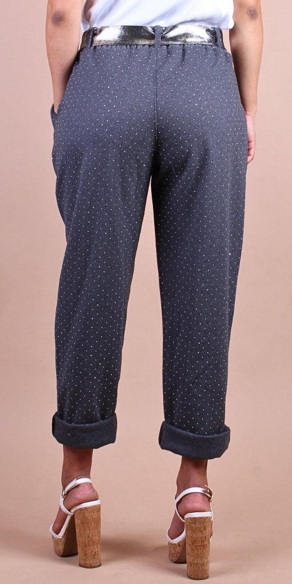 Gemma Jogger Pants - Gigi Moda - Made in Italy # chevron print, cuffed pant, front pockets, Gigi Moda, italian pants, jogger pants, Made in Italy, maxretail, Pockets, rhinestone, shop gigi moda, tie belt, waist tie belt