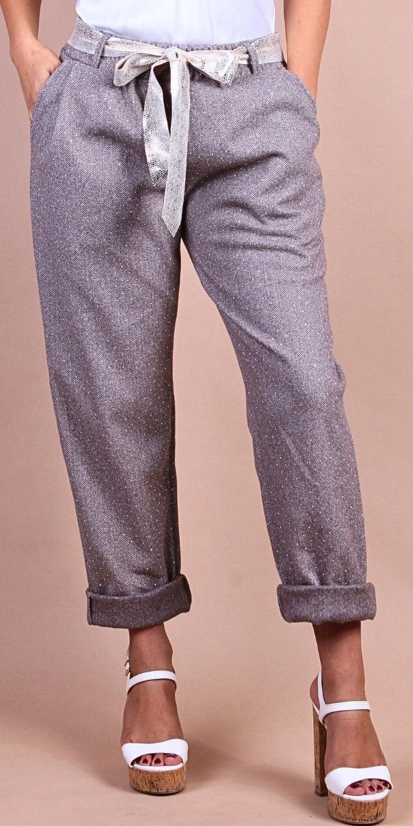 Gemma Jogger Pants - Gigi Moda - Made in Italy # chevron print, cuffed pant, front pockets, Gigi Moda, italian pants, jogger pants, Made in Italy, maxretail, Pockets, rhinestone, shop gigi moda, tie belt, waist tie belt