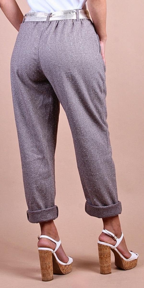 Gemma Jogger Pants - Gigi Moda - Made in Italy # chevron print, cuffed pant, front pockets, Gigi Moda, italian pants, jogger pants, Made in Italy, maxretail, Pockets, rhinestone, shop gigi moda, tie belt, waist tie belt