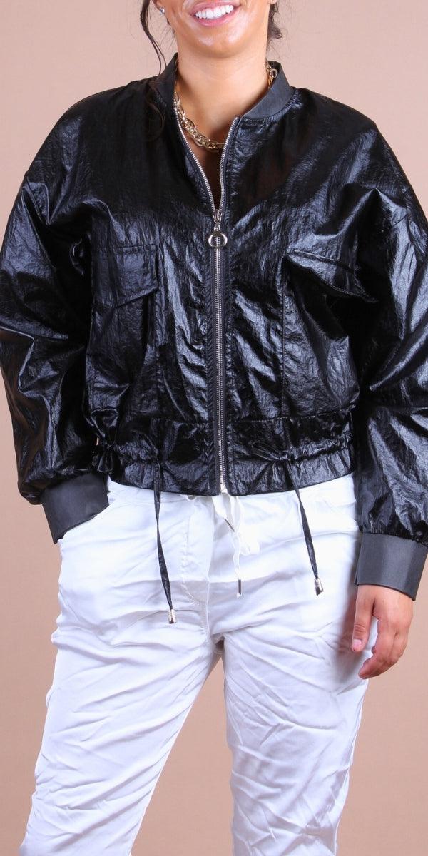 Ornella Bomber Jacket - Gigi Moda - Made in Italy # bomber jacket, cinched waist, Gigi Moda, Italian jacket, Jacket, Made in Italy, maxretail, Metallic, metallic shine, Pockets, retro jacket, zip up, Zipper