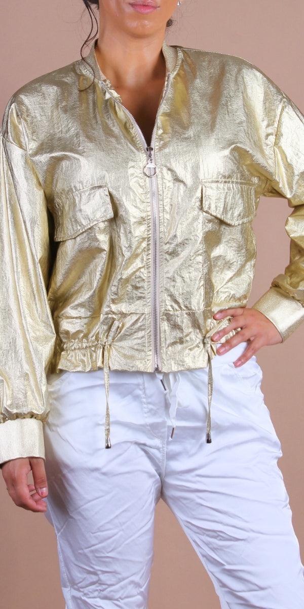 Ornella Bomber Jacket - Gigi Moda - Made in Italy # bomber jacket, cinched waist, Gigi Moda, Italian jacket, Jacket, Made in Italy, maxretail, Metallic, metallic shine, Pockets, retro jacket, zip up, Zipper