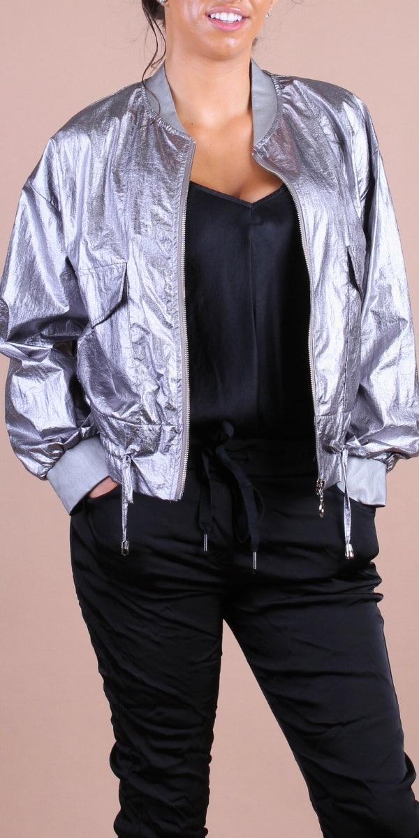 Ornella Bomber Jacket - Gigi Moda - Made in Italy # bomber jacket, cinched waist, Gigi Moda, Italian jacket, Jacket, Made in Italy, maxretail, Metallic, metallic shine, Pockets, retro jacket, zip up, Zipper