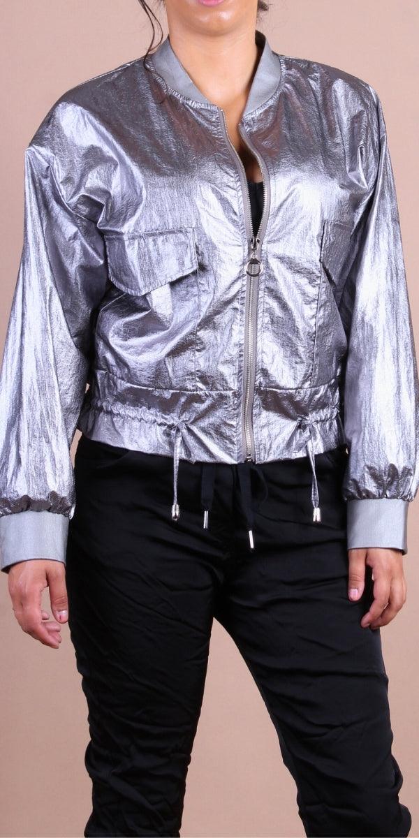 Ornella Bomber Jacket - Gigi Moda - Made in Italy # bomber jacket, cinched waist, Gigi Moda, Italian jacket, Jacket, Made in Italy, maxretail, Metallic, metallic shine, Pockets, retro jacket, zip up, Zipper