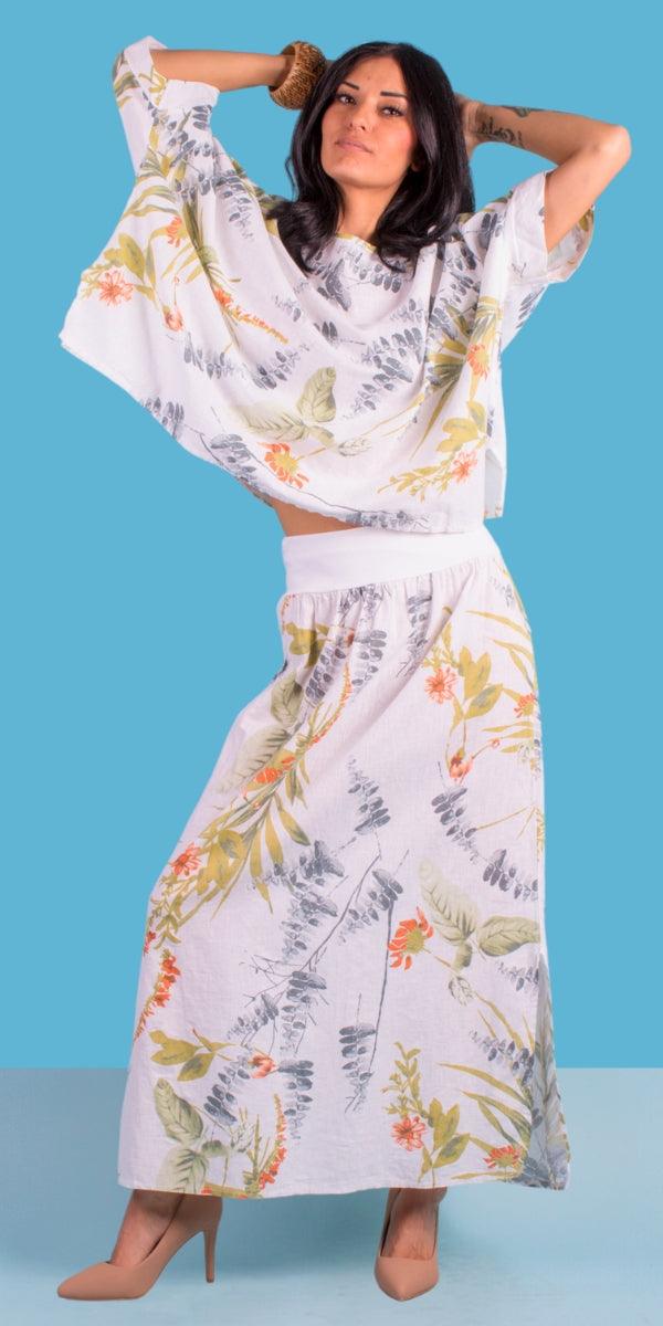 Ninfa Linen Skirt - Gigi Moda - Made in Italy # comfortable fit, elastic waist, elastic waistband, floral, floral design, Floral Print, Gigi Moda, italian brand, italian clothes, italian fashion, italian linen, Linen, womens fashion