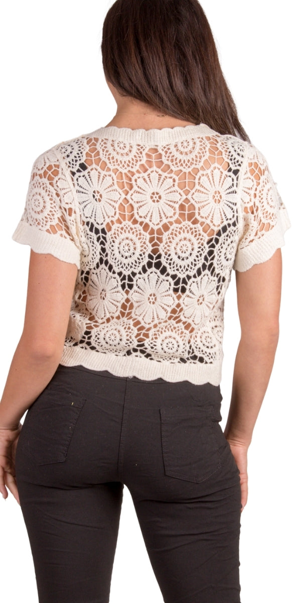 Diletta Crochet Cardigan - Gigi Moda - Made in Italy # bohemian, button down, Cardigan, Cotton, Crochet, crochet top, Crop Top, floral, floral design, Gigi Moda, Knit Cardigan, Made in Italy, one size, short sleeve, Top