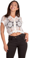 Diletta Crochet Cardigan - Gigi Moda - Made in Italy # bohemian, button down, Cardigan, Cotton, Crochet, crochet top, Crop Top, floral, floral design, Gigi Moda, Knit Cardigan, Made in Italy, one size, short sleeve, Top
