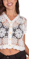 Diletta Crochet Cardigan - Gigi Moda - Made in Italy # bohemian, button down, Cardigan, Cotton, Crochet, crochet top, Crop Top, floral, floral design, Gigi Moda, Knit Cardigan, Made in Italy, one size, short sleeve, Top
