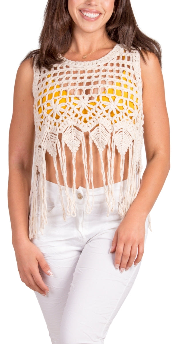 Nikki Crochet Tank - Gigi Moda - Made in Italy # bohemian, Cotton, Cover Up, Crochet, crochet top, Crop Top, Fringe, Gigi Moda, Made in Italy, one size, swimsuit cover up, tank, Tank Top, Top
