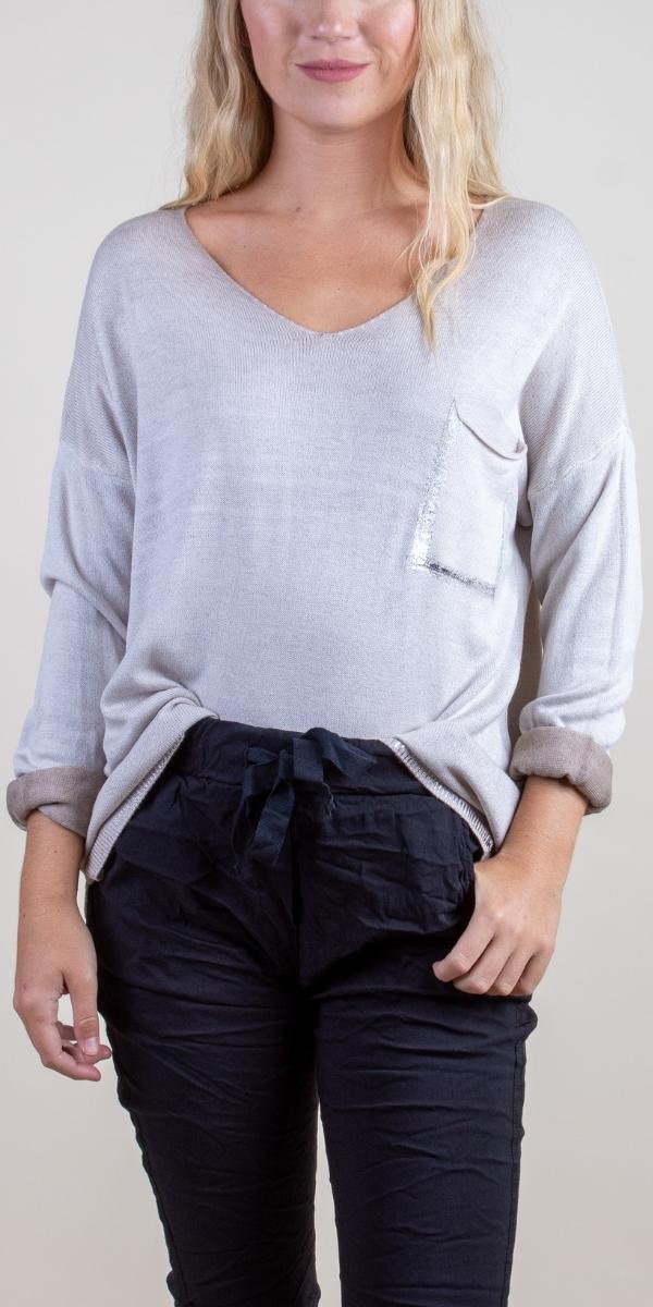 Messina Sweater - Gigi Moda - Made in Italy # casual sweater, front pocket, Gigi Moda, Italian Sweater, knit sweater, Made in Italy, Pocket, Sweater, V Neck