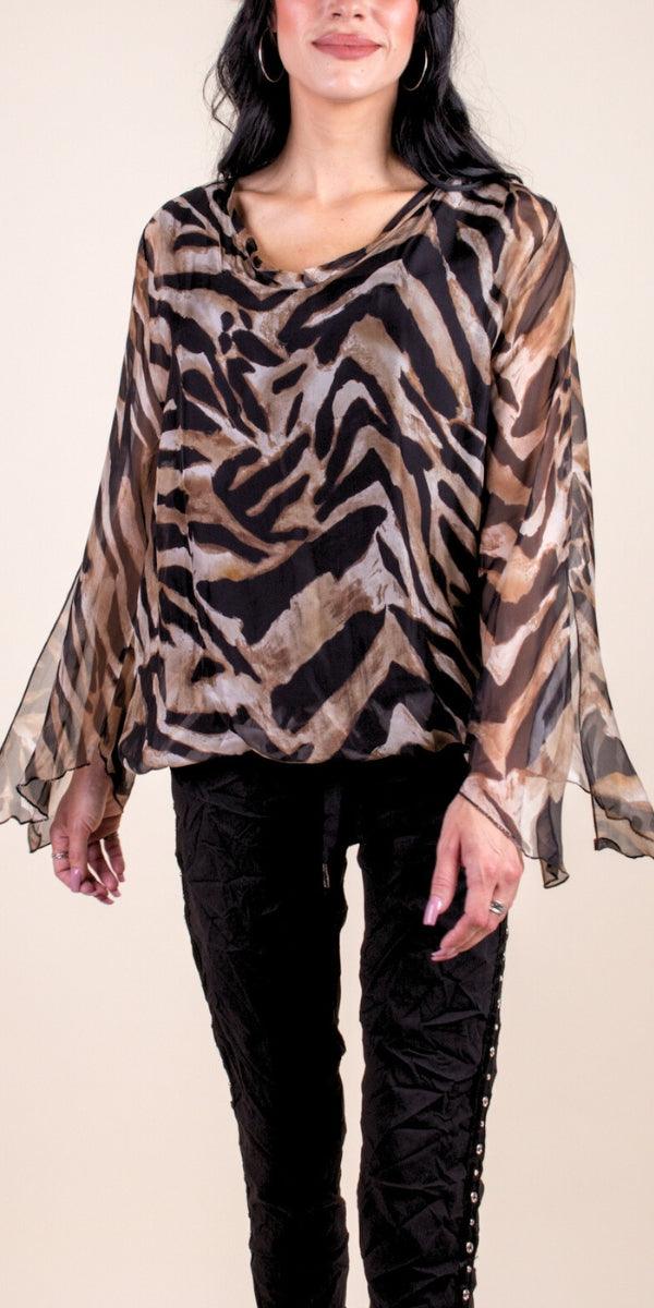 Parma Animal Print Blouse - Gigi Moda - Made in Italy # 100% Silk, animal print, Balloon Hem, Bell sleeve, Blouse, Gigi Moda, italian top, Made in Italy, OS, Silk, silk blouse, Silk top, Top