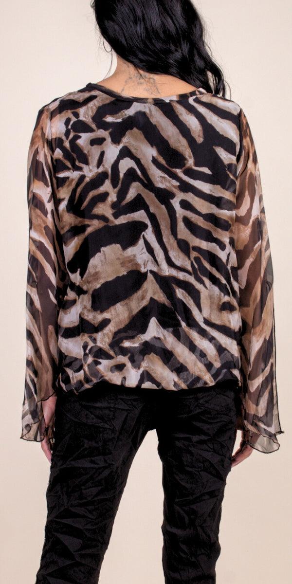Parma Animal Print Blouse - Gigi Moda - Made in Italy # 100% Silk, animal print, Balloon Hem, Bell sleeve, Blouse, Gigi Moda, italian top, Made in Italy, OS, Silk, silk blouse, Silk top, Top
