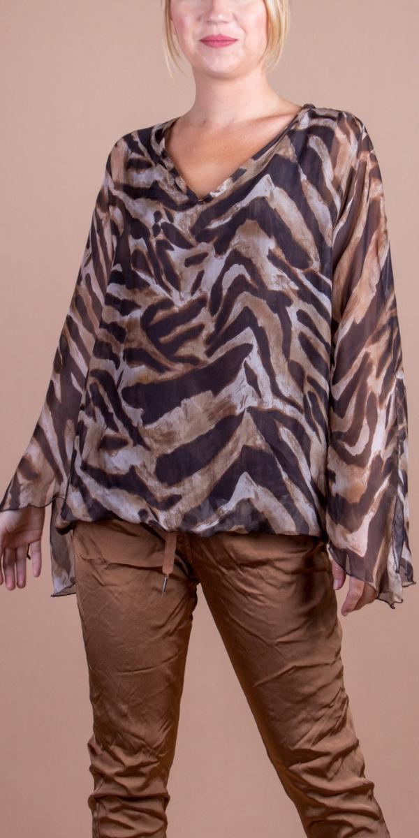 Parma Animal Print Blouse - Gigi Moda - Made in Italy # 100% Silk, animal print, Balloon Hem, Bell sleeve, Blouse, Gigi Moda, italian top, Made in Italy, OS, Silk, silk blouse, Silk top, Top
