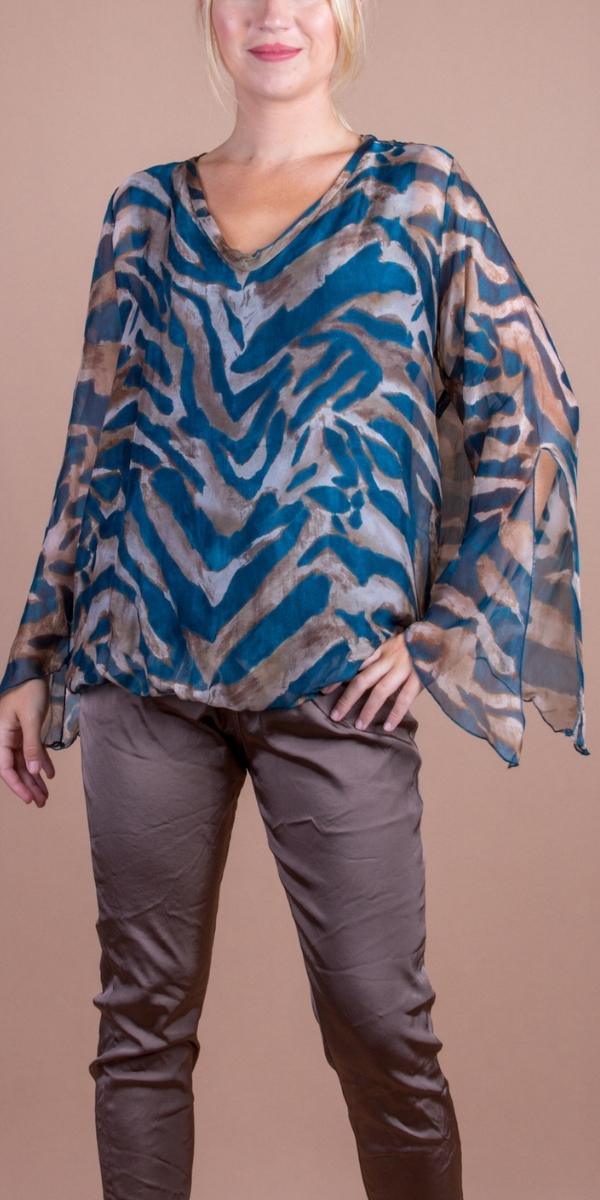 Parma Animal Print Blouse - Gigi Moda - Made in Italy # 100% Silk, animal print, Balloon Hem, Bell sleeve, Blouse, Gigi Moda, italian top, Made in Italy, OS, Silk, silk blouse, Silk top, Top