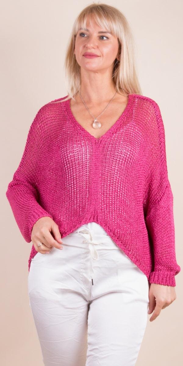 Hot Pink Avola Sweater - Gigi Moda - Made in Italy # cropped sweater, gigi moda, high low, Knit, knit sweater, made in italy, Metallic, one size, Sweater
