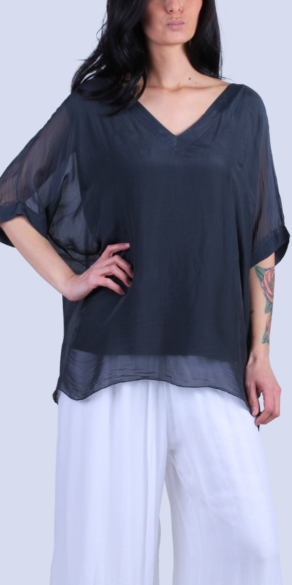 Lizane Blouse - Gigi Moda - Made in Italy # 100% Silk, Black, Blouse, blue, clothing for women, Comfortable, comfy, cream, double V neck, Gigi Moda, gigi moda. made in italy, gigimoda, italian blouse, italian boutique, italian brand, italian clothes, Italian Clothing, italian silk, layered, Layers, Made in Italy, one size, online shopping, OS, pink, resort, resort wear, shop gigi moda, shop online, Silk, silk blouse, Top, v-neck, washable, white