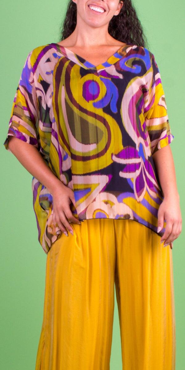 Lizane Swirl Print Blouse - Gigi Moda - Made in Italy # 100% Silk, Blouse, clothing for women, Comfortable, comfy, double V neck, Gigi Moda, gigi moda. made in italy, gigimoda, italian blouse, italian boutique, italian brand, italian clothes, Italian Clothing, italian silk, layered, Layers, Made in Italy, one size, online shopping, OS, resort, resort wear, shop gigi moda, shop online, Silk, silk blouse, Top, v-neck