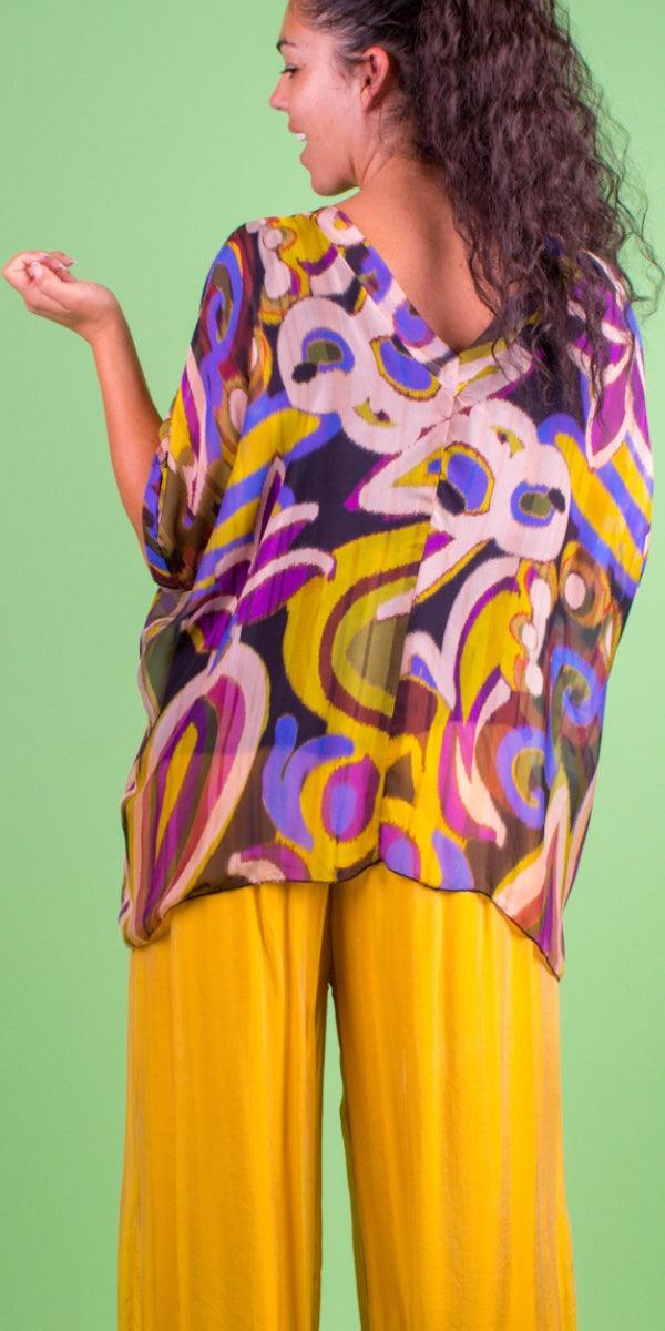 Lizane Swirl Print Blouse - Gigi Moda - Made in Italy # 100% Silk, Blouse, clothing for women, Comfortable, comfy, double V neck, Gigi Moda, gigi moda. made in italy, gigimoda, italian blouse, italian boutique, italian brand, italian clothes, Italian Clothing, italian silk, layered, Layers, Made in Italy, one size, online shopping, OS, resort, resort wear, shop gigi moda, shop online, Silk, silk blouse, Top, v-neck