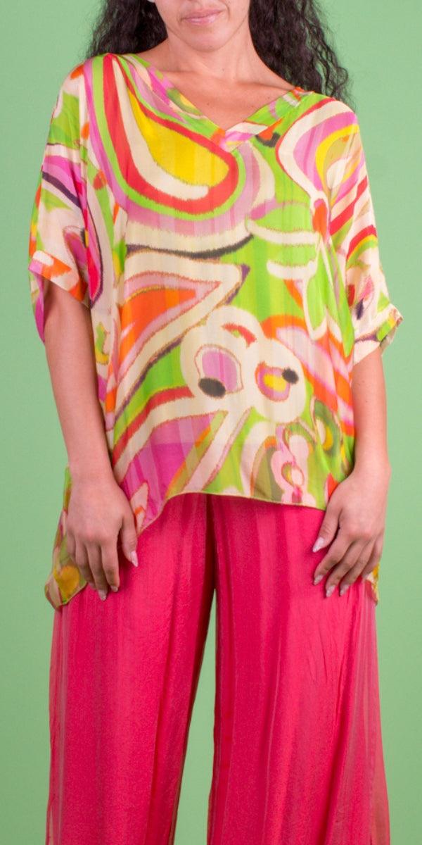 Lizane Swirl Print Blouse - Gigi Moda - Made in Italy # 100% Silk, Blouse, clothing for women, Comfortable, comfy, double V neck, Gigi Moda, gigi moda. made in italy, gigimoda, italian blouse, italian boutique, italian brand, italian clothes, Italian Clothing, italian silk, layered, Layers, Made in Italy, one size, online shopping, OS, resort, resort wear, shop gigi moda, shop online, Silk, silk blouse, Top, v-neck