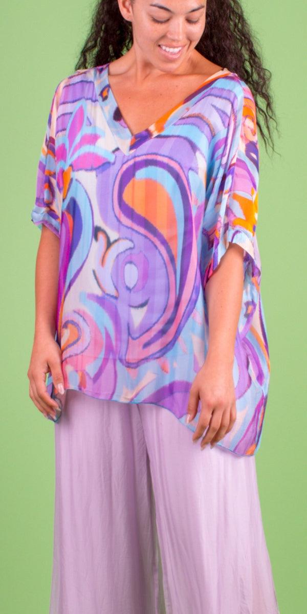Lizane Swirl Print Blouse - Gigi Moda - Made in Italy # 100% Silk, Blouse, clothing for women, Comfortable, comfy, double V neck, Gigi Moda, gigi moda. made in italy, gigimoda, italian blouse, italian boutique, italian brand, italian clothes, Italian Clothing, italian silk, layered, Layers, Made in Italy, one size, online shopping, OS, resort, resort wear, shop gigi moda, shop online, Silk, silk blouse, Top, v-neck