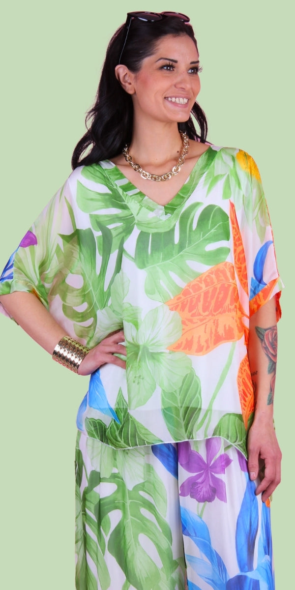 Lizane Tropical Print Blouse - Gigi Moda - Made in Italy # Blouse, clothing for women, Comfortable, comfy, double V neck, Gigi Moda, gigi moda. made in italy, gigimoda, italian blouse, italian brand, italian clothes, Italian Clothing, italian silk, layered, Layers, Made in Italy, one size, online shopping, OS, resort, resort wear, shop gigi moda, Silk, silk blouse, Top, tropical, tropical print, v-neck