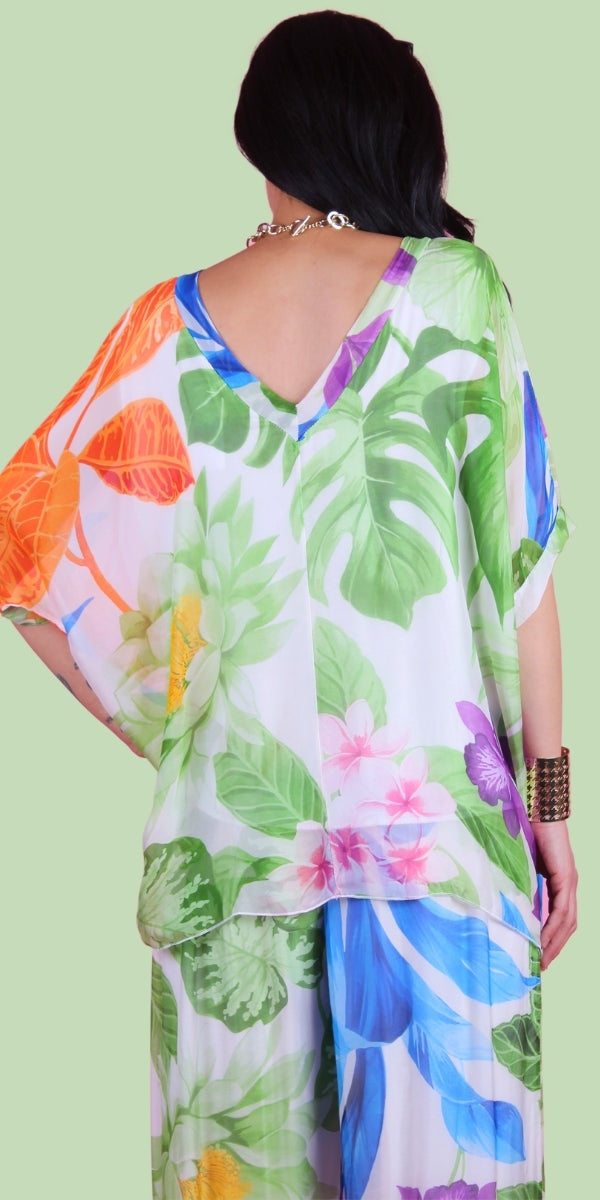 Lizane Tropical Print Blouse - Gigi Moda - Made in Italy # Blouse, clothing for women, Comfortable, comfy, double V neck, Gigi Moda, gigi moda. made in italy, gigimoda, italian blouse, italian brand, italian clothes, Italian Clothing, italian silk, layered, Layers, Made in Italy, one size, online shopping, OS, resort, resort wear, shop gigi moda, Silk, silk blouse, Top, tropical, tropical print, v-neck