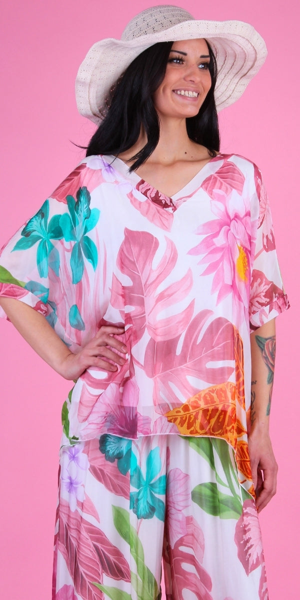 Lizane Tropical Print Blouse - Gigi Moda - Made in Italy # Blouse, clothing for women, Comfortable, comfy, double V neck, Gigi Moda, gigi moda. made in italy, gigimoda, italian blouse, italian brand, italian clothes, Italian Clothing, italian silk, layered, Layers, Made in Italy, one size, online shopping, OS, resort, resort wear, shop gigi moda, Silk, silk blouse, Top, tropical, tropical print, v-neck