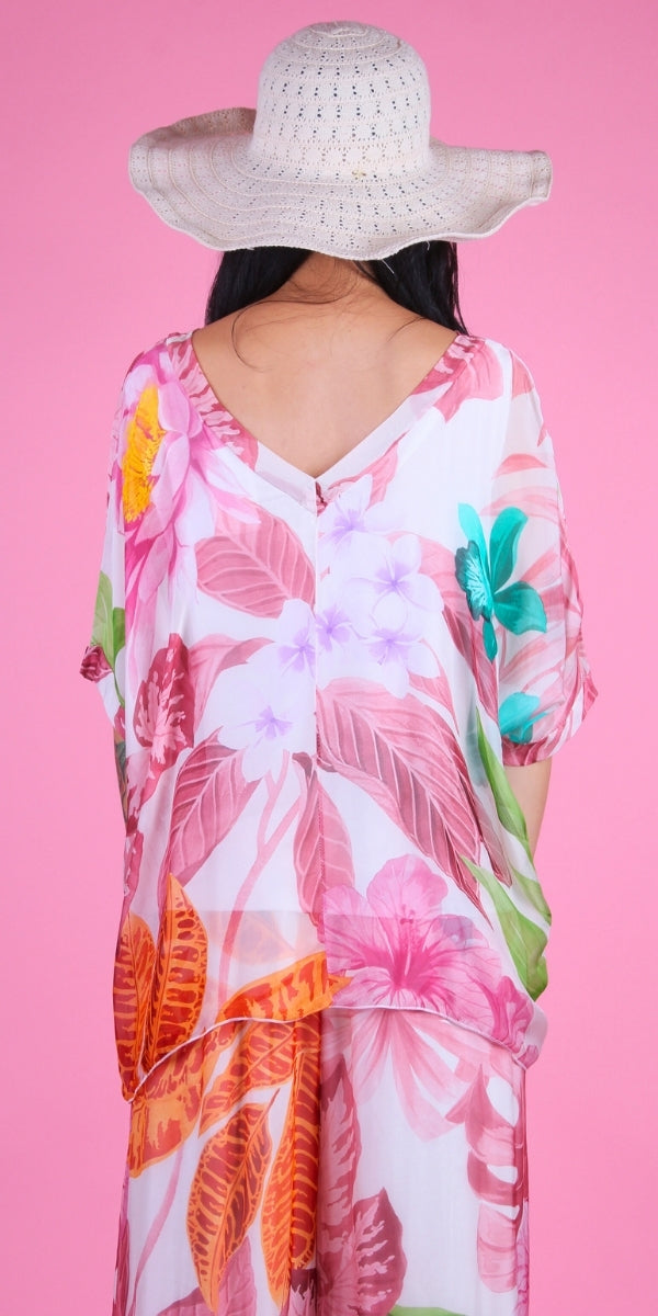 Lizane Tropical Print Blouse - Gigi Moda - Made in Italy # Blouse, clothing for women, Comfortable, comfy, double V neck, Gigi Moda, gigi moda. made in italy, gigimoda, italian blouse, italian brand, italian clothes, Italian Clothing, italian silk, layered, Layers, Made in Italy, one size, online shopping, OS, resort, resort wear, shop gigi moda, Silk, silk blouse, Top, tropical, tropical print, v-neck