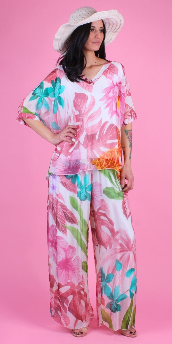 Lizane Tropical Print Blouse - Gigi Moda - Made in Italy # Blouse, clothing for women, Comfortable, comfy, double V neck, Gigi Moda, gigi moda. made in italy, gigimoda, italian blouse, italian brand, italian clothes, Italian Clothing, italian silk, layered, Layers, Made in Italy, one size, online shopping, OS, resort, resort wear, shop gigi moda, Silk, silk blouse, Top, tropical, tropical print, v-neck