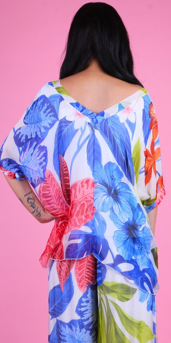 Lizane Tropical Print Blouse - Gigi Moda - Made in Italy # Blouse, clothing for women, Comfortable, comfy, double V neck, Gigi Moda, gigi moda. made in italy, gigimoda, italian blouse, italian brand, italian clothes, Italian Clothing, italian silk, layered, Layers, Made in Italy, one size, online shopping, OS, resort, resort wear, shop gigi moda, Silk, silk blouse, Top, tropical, tropical print, v-neck