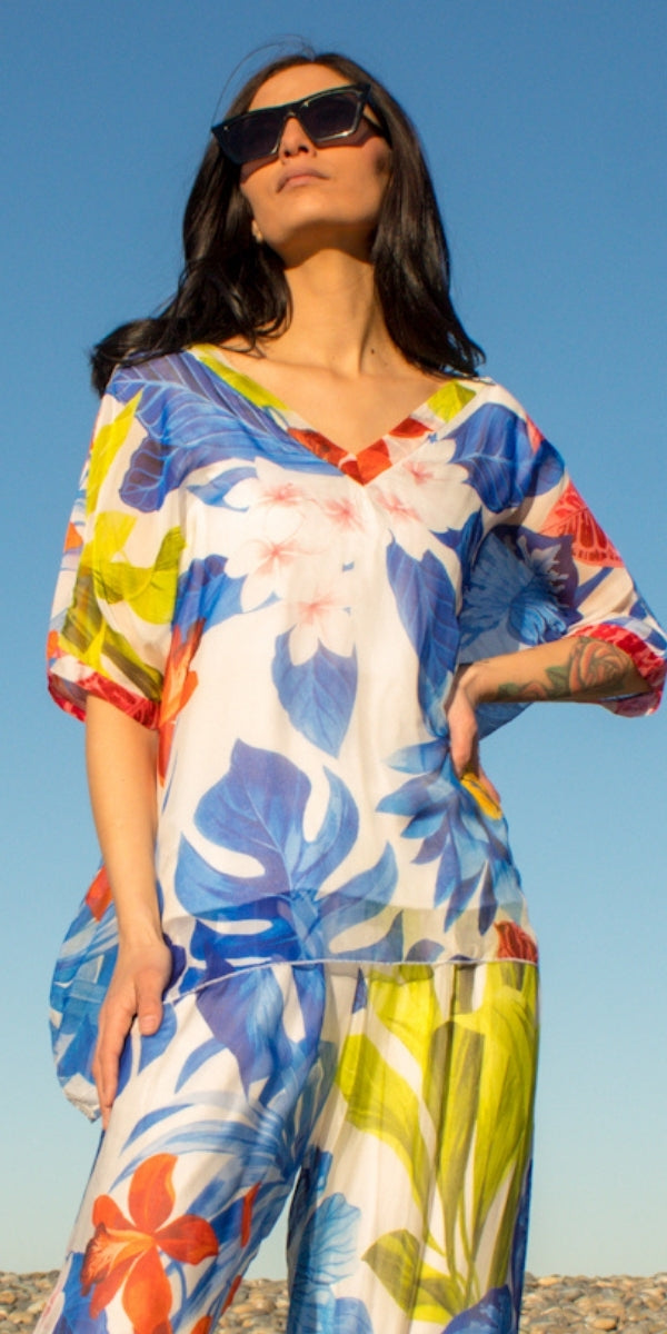 Lizane Tropical Print Blouse - Gigi Moda - Made in Italy # Blouse, clothing for women, Comfortable, comfy, double V neck, Gigi Moda, gigi moda. made in italy, gigimoda, italian blouse, italian brand, italian clothes, Italian Clothing, italian silk, layered, Layers, Made in Italy, one size, online shopping, OS, resort, resort wear, shop gigi moda, Silk, silk blouse, Top, tropical, tropical print, v-neck