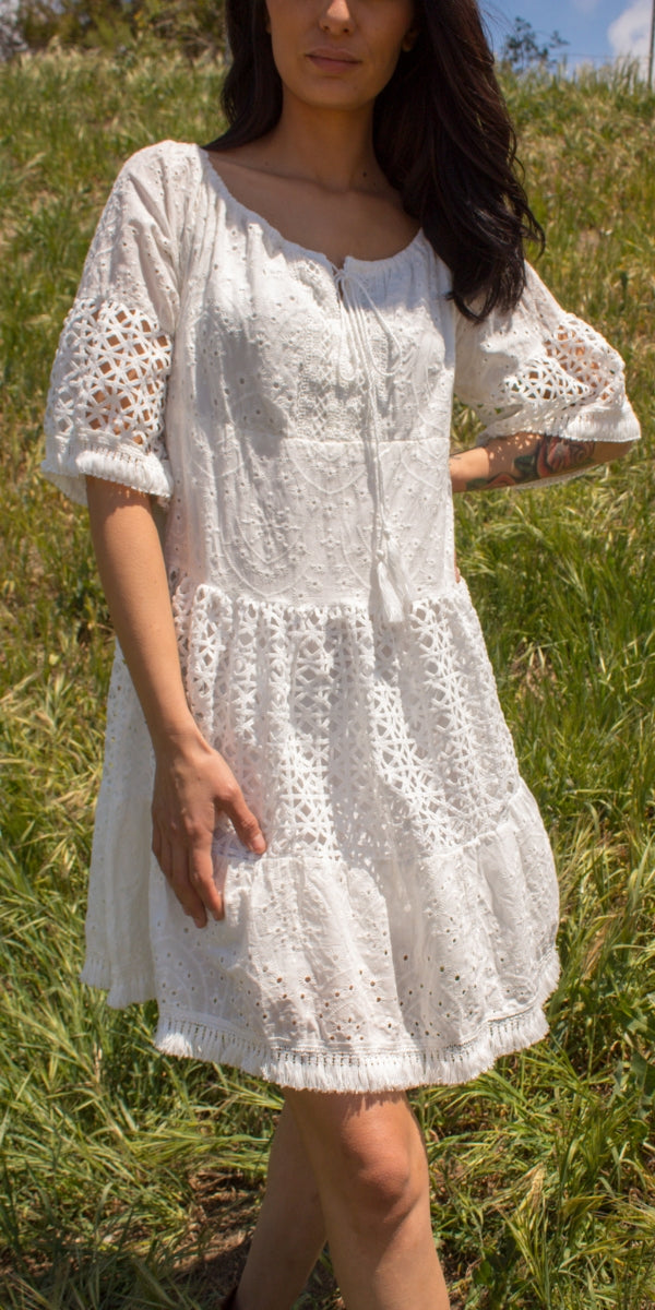 Essenza Mini Dress - Gigi Moda - Made in Italy # 100% Cotton, Crochet, crochet dress, Gigi Moda, made in italy, mini dress, Off the Shoulder, resort dress, resort wear, Tiered, TIERED RUFFLED DRESS