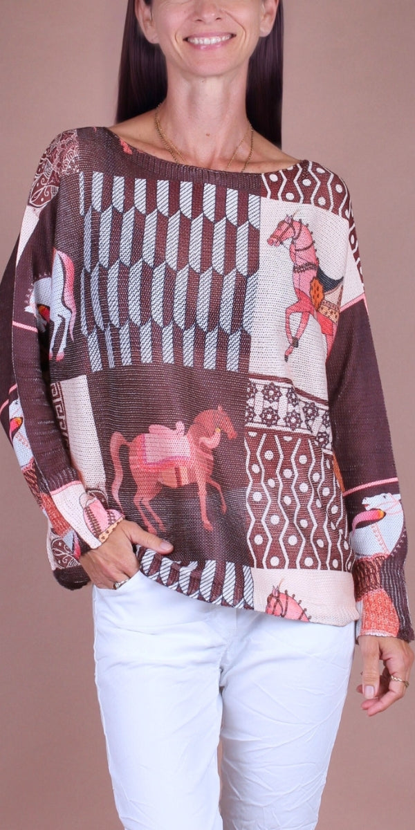 Daria Batwing Sweater with Carousel Horse Print