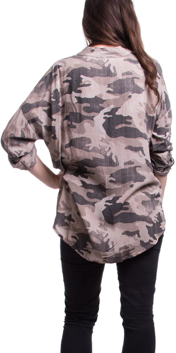 Leona Button Top - Gigi Moda - Made in Italy # Buttons, Camo, cuffed-sleeves, made in italy, placket, Print, sequins, Top