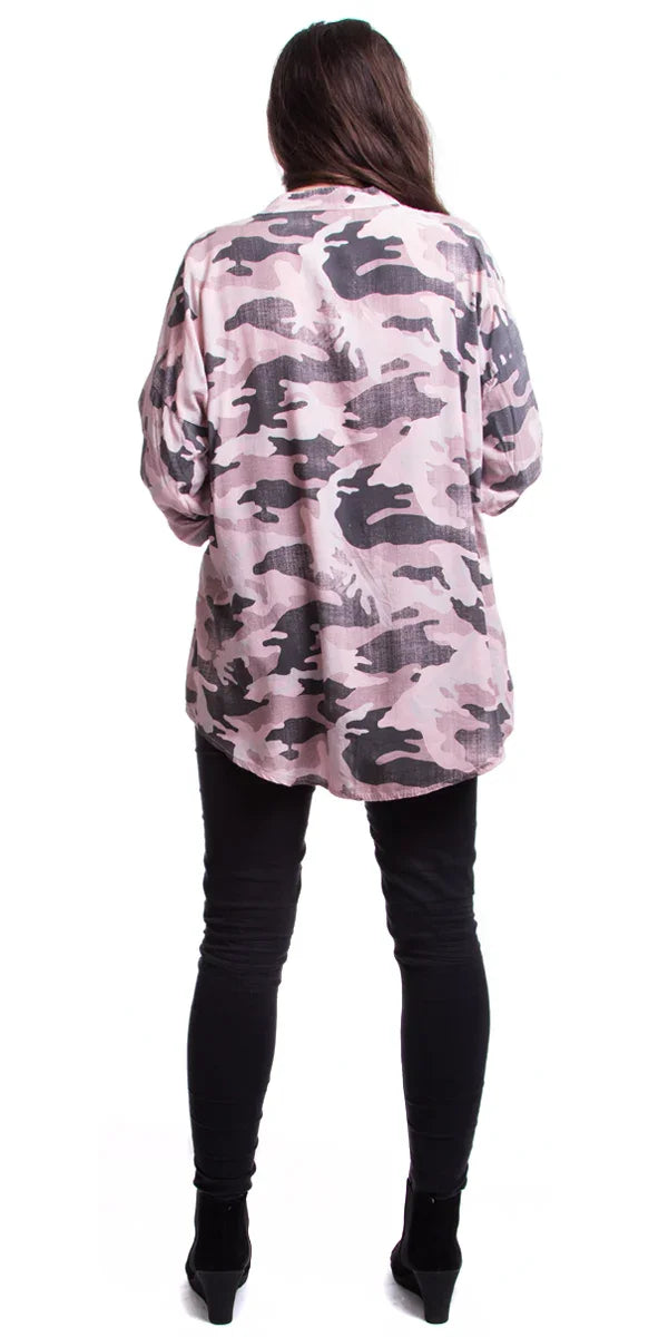 Leona Button Top - Gigi Moda - Made in Italy # Buttons, Camo, cuffed-sleeves, made in italy, placket, Print, sequins, Top