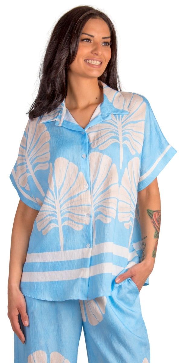 Malta Button-Down Shirt - Gigi Moda - Made in Italy # button down, collar, Collared, collared shirt, Gigi Moda, italian apparel, italian brand, Italian Clothing, italian shirt, Made in Italy, matching set, OS, shirt, shop gigi moda, short sleeve, short sleeve top, Top, tropical, tropical print