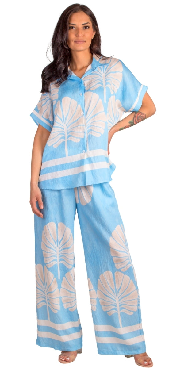 Malta Button-Down Shirt - Gigi Moda - Made in Italy # button down, collar, Collared, collared shirt, Gigi Moda, italian apparel, italian brand, Italian Clothing, italian shirt, Made in Italy, matching set, OS, shirt, shop gigi moda, short sleeve, short sleeve top, Top, tropical, tropical print