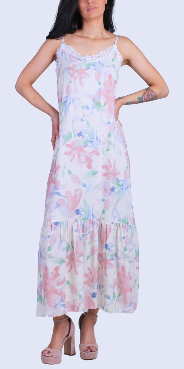Savona Watercolor Dress - Gigi Moda - Made in Italy # adjustable straps, Dress, floral, floral design, Floral Print, gigi moda, lace trim, lace v-neck, Made in Italy, Maxi, maxretail, resort wear, ruffled hem, slip dress, spaghetti strap dress, Spaghetti Straps, v neck, watercolor