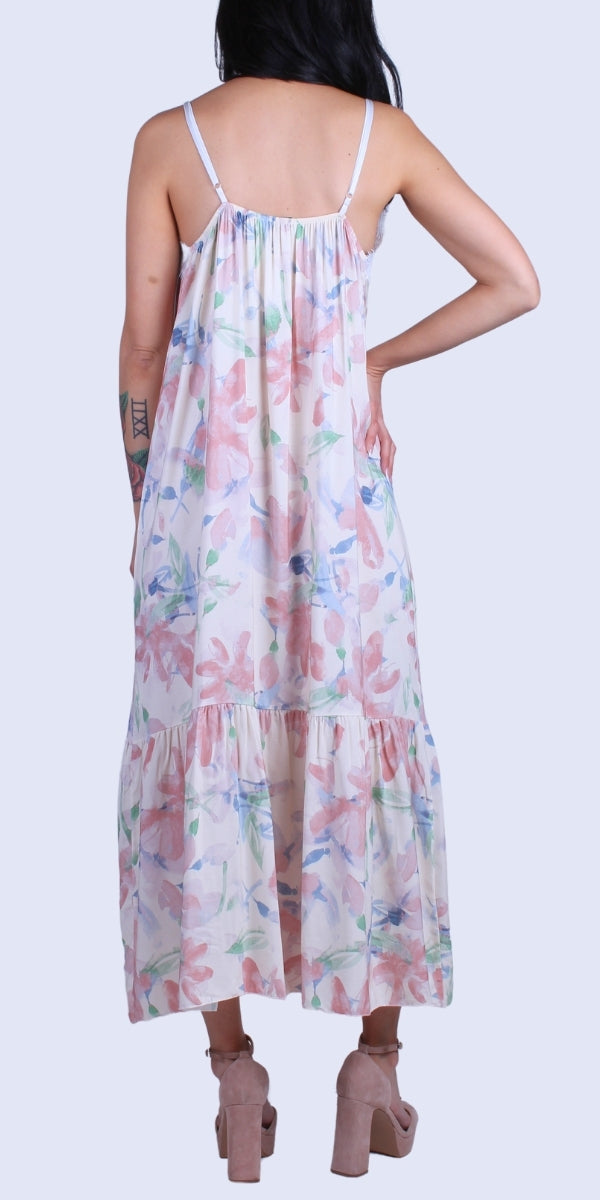 Savona Watercolor Dress - Gigi Moda - Made in Italy # adjustable straps, Dress, floral, floral design, Floral Print, gigi moda, lace trim, lace v-neck, Made in Italy, Maxi, maxretail, resort wear, ruffled hem, slip dress, spaghetti strap dress, Spaghetti Straps, v neck, watercolor
