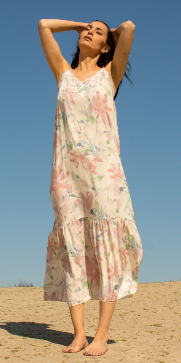 Savona Watercolor Dress - Gigi Moda - Made in Italy # adjustable straps, Dress, floral, floral design, Floral Print, gigi moda, lace trim, lace v-neck, Made in Italy, Maxi, maxretail, resort wear, ruffled hem, slip dress, spaghetti strap dress, Spaghetti Straps, v neck, watercolor