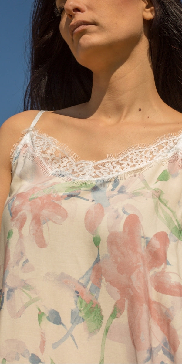 Savona Watercolor Dress - Gigi Moda - Made in Italy # adjustable straps, Dress, floral, floral design, Floral Print, gigi moda, lace trim, lace v-neck, Made in Italy, Maxi, maxretail, resort wear, ruffled hem, slip dress, spaghetti strap dress, Spaghetti Straps, v neck, watercolor