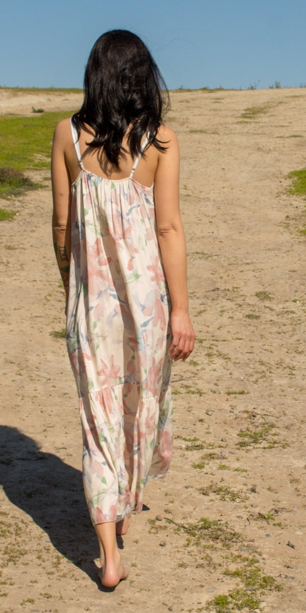 Savona Watercolor Dress - Gigi Moda - Made in Italy # adjustable straps, Dress, floral, floral design, Floral Print, gigi moda, lace trim, lace v-neck, Made in Italy, Maxi, maxretail, resort wear, ruffled hem, slip dress, spaghetti strap dress, Spaghetti Straps, v neck, watercolor